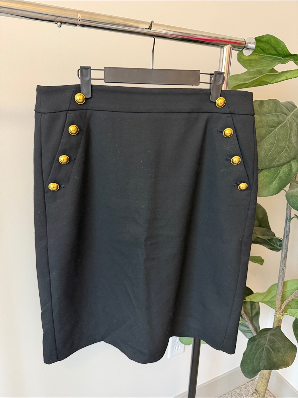 LOFT Black Midi Pencil Skirt with Gold Buttons
